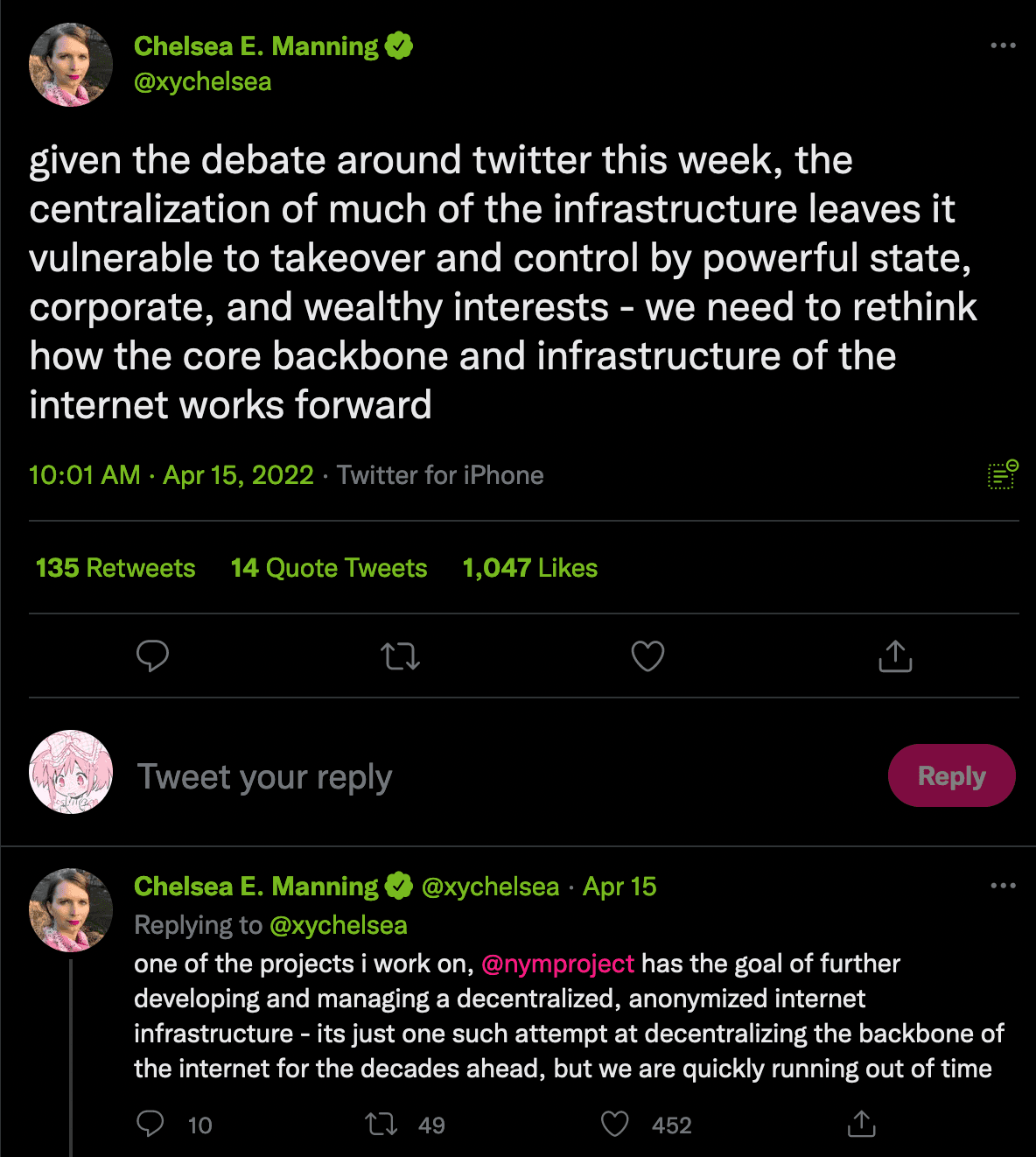 A tweet by @xychelsea pushing a crypto token called Nym.