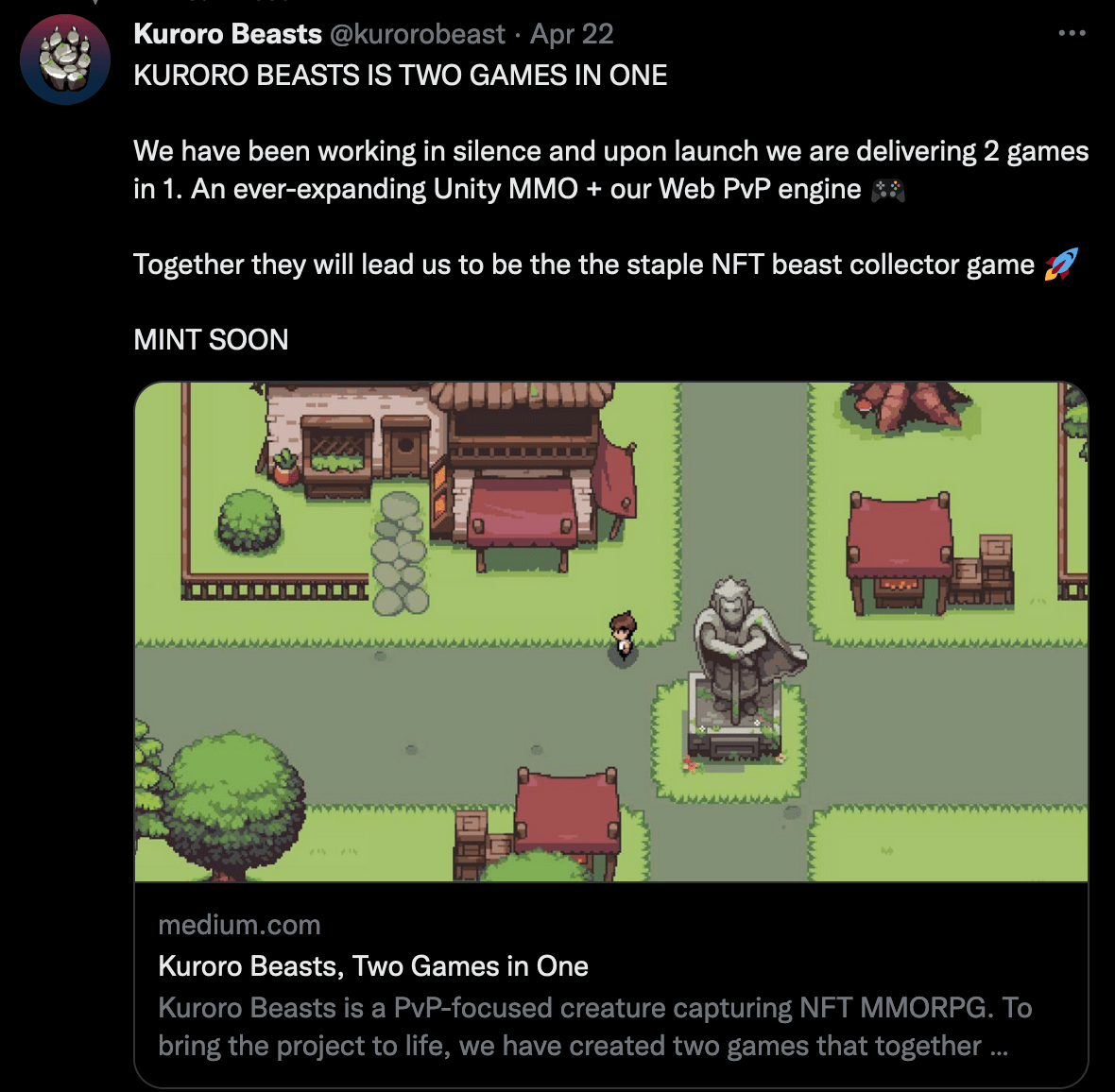 A screenshot of a tweet from the Kuroro Beasts account talking about a Unity-based MMO.