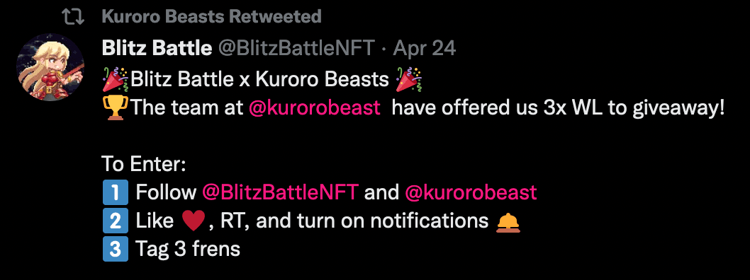 A screenshot of a retweet involving a Blitz Battle whitelist giveaway.