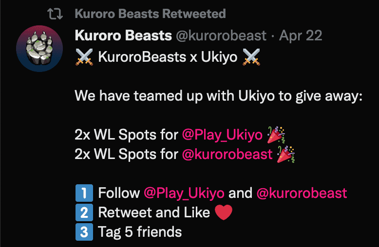A screenshot of a retweet involving a Kuroro Beasts and Ukiyo whitelist giveaway.
