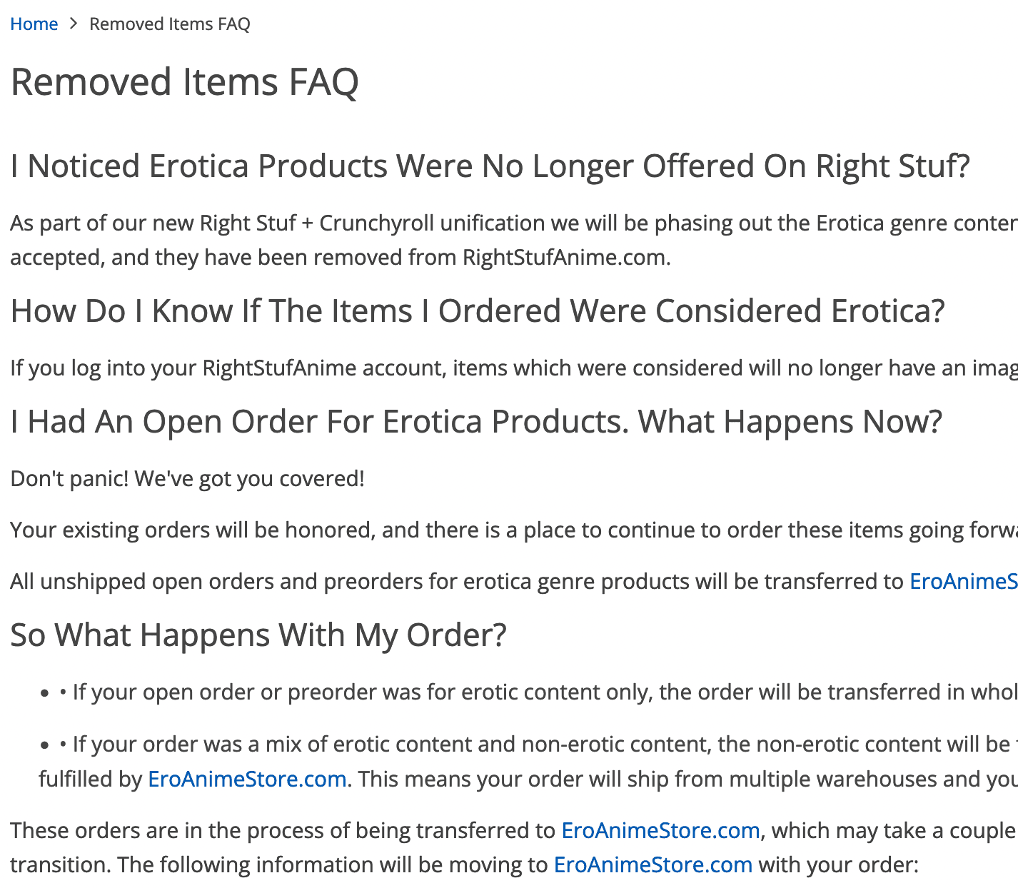 A list of various FAQ questions that mainly pertain to the RightStuf website no longer selling Erotica.